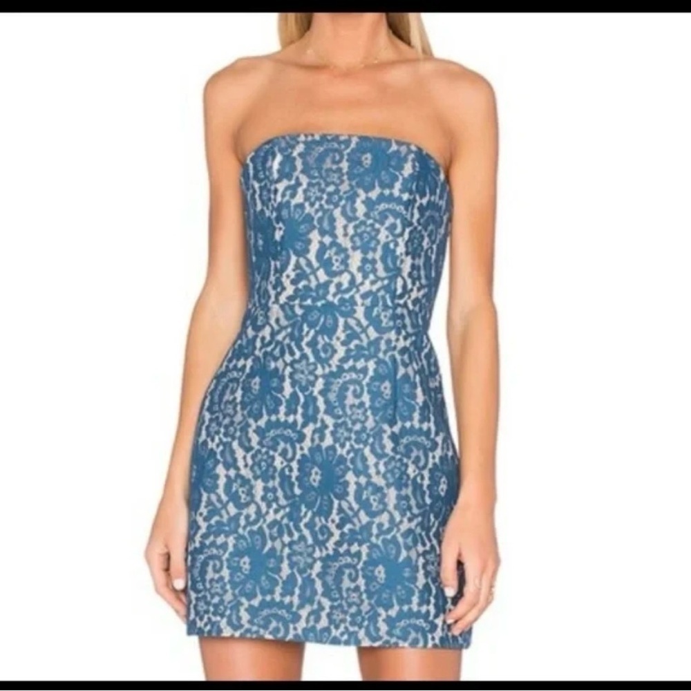 KEEPSAKE the Label Strapless Blue Lace Mini Dress